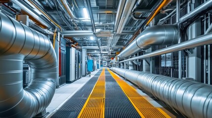 Fototapeta premium Industrial Infrastructure: A Modern Facility with Sophisticated Piping and Ventilation Systems