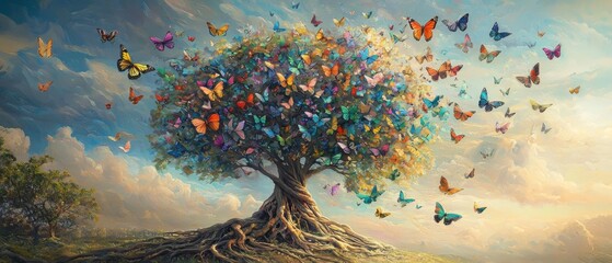 Artistic tree with sprawling roots growing into a canopy of colorful butterflies fluttering gracefully magical realism high-definition intricate textures fantasy dreamlike ambiance captivating