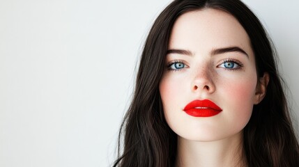 Fototapeta premium Captivating Gaze: A striking portrait of a woman with striking blue eyes, luscious red lips, and dark flowing hair, radiating elegance and confidence