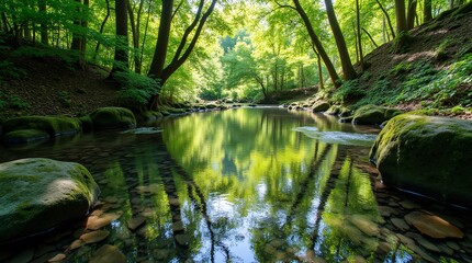 Obraz premium Serene forest stream reflecting lush greenery, sunlight dappling the tranquil waters. Mossy rocks line the banks, creating a peaceful scene.