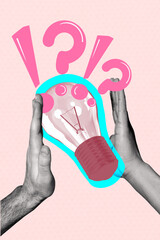 Vertical art image photo collage of hands hold light bulb spark electricity exclamation question...