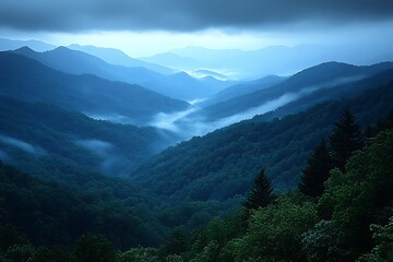 Obraz premium Serene twilight landscape showcasing misty valleys and rolling mountains under a cloudy sky