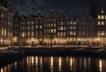 Fototapeta premium Tall buildings and grand facades of old Amsterdam canal houses illuminated by streetlights, architecture, nighttime scene