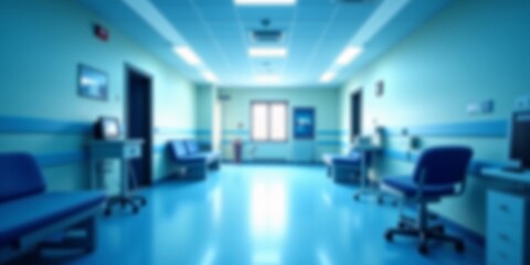 Serene Hospital Corridor: Awaiting Healing, Hope, and Calm amidst Blue Hues.  Clean, sterile, and peaceful.