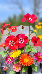 Summer banner of frozen flowers in ice, geraniums and petunias, mint and zinnias, origami. White tone