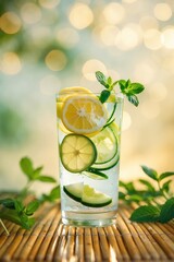Refreshing citrus beverage garnished with mint in a clear glass on a bamboo mat surrounded by greenery