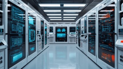 Fototapeta premium Futuristic Data Center with High-Tech Server Racks and Digital Displays in a Modern Network Environment