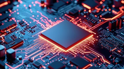 Fototapeta premium Abstract Close-up of a Computer Chip on a Circuit Board with Bright Neon Lights and Intricate Details