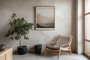 Fototapeta premium Luxurious Scandinavian Living Room Interior with Designer Lounge Chair, Natural Elements and Artistic Wall Decor for Modern Home Styling
