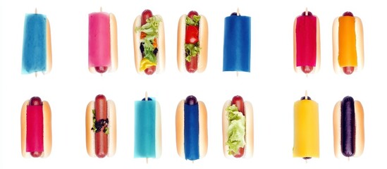 Vibrant and Colorful Hot Dogs with Unique Toppings and Condiments