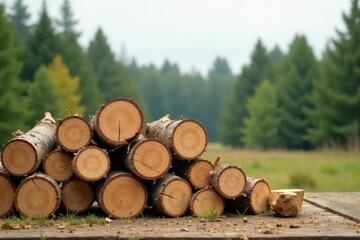 Fototapeta premium A stack of freshly cut logs rests on a wooden surface, a verdant forest forming a tranquil backdrop