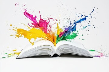 Bold and Artistic Concept Featuring Plain White Book Standing Upright Surrounded by Splashes of Colorful Paint, Symbolizing Creativity and Limitless Possibilities