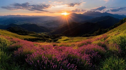 Stunning Sunset over Lavender Fields in Mountain Landscape