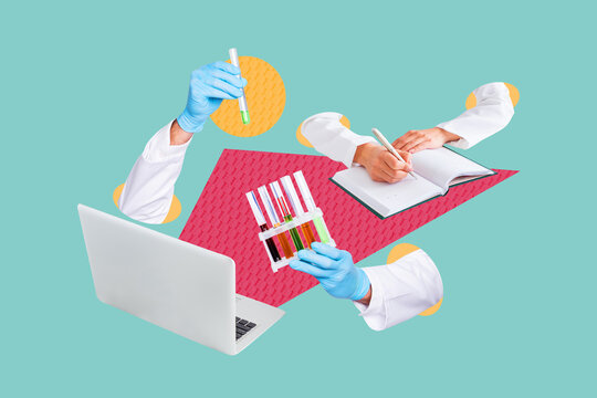 Creative sketch collage of doctor hands hold tube flask booster vaccine creation laboratory laptop notepad supplies medicine