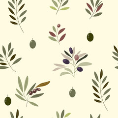 seamless pattern with branches  and olives. vector illustration. Olive branches. For wallpaper, botany pattern, cardboard, packaging 