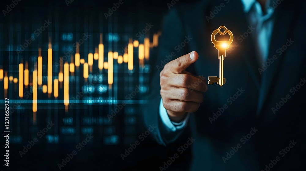 Poster businessman holding key with financial graph in dark background