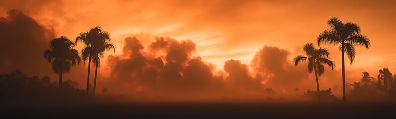 Fototapeta premium Surreal image of an orange sky over a tropical landscape, perfect for artistic or nature-themed projects.