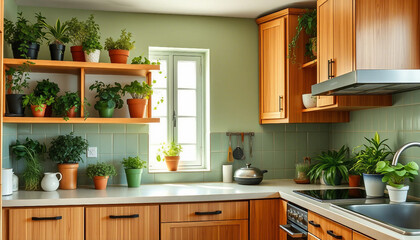 Bright and inviting kitchen decorated with potted plants, wooden cabinets, and soft natural light, creating a feel-good ambiance ideal for home gardening enthusiasts and those who appreciate natural d