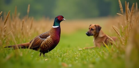 Obraz premium A vibrant pheasant observes a peaceful canine companion amidst a tranquil field of swaying grasses