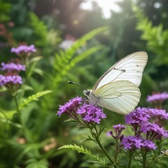 Tranquil scene of a white butterfly resting on a purple vervain flower in a natural garden setting, beautiful wings, natural habitat, outdoor photography, colorful garden palette