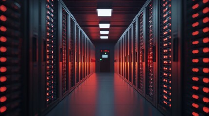 Fototapeta premium Modern Data Center Corridor with Server Racks and Red Neon Lighting for Technology and IT Industry Use