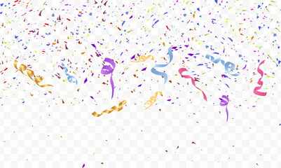 Confetti celebration party background. For the celebration, gorgeous gold confetti zigzags down. Falling shiny golden confetti isolated on transparent background. Banner poster, flyer and background.