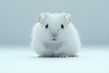 A white fluffy hamster looks directly at the camera on a light background, creating a minimalist and clean composition

