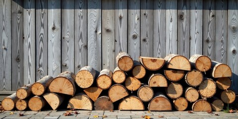 Fototapeta premium A Stack of Sawn Logs Resting Against a Weathered Wooden Wall