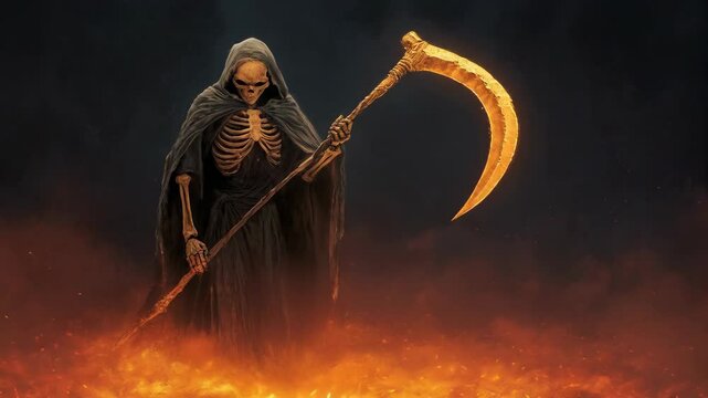 Mysterious Grim Reaper Standing in Flames with Scythe in Dark Atmosphere for Halloween and Horror Themes