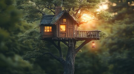Enchanted treetop house glowing warmly in the twilight forest. A magical scene perfect for fairytale settings.