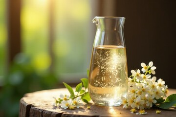 Delicate elderflower wine in crystal decanter, elderflower wine, floral
