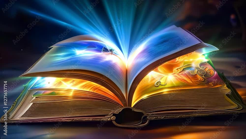 Wall mural magic open book with glowing pages and sparkling particles 4k animation. seamless looping video back