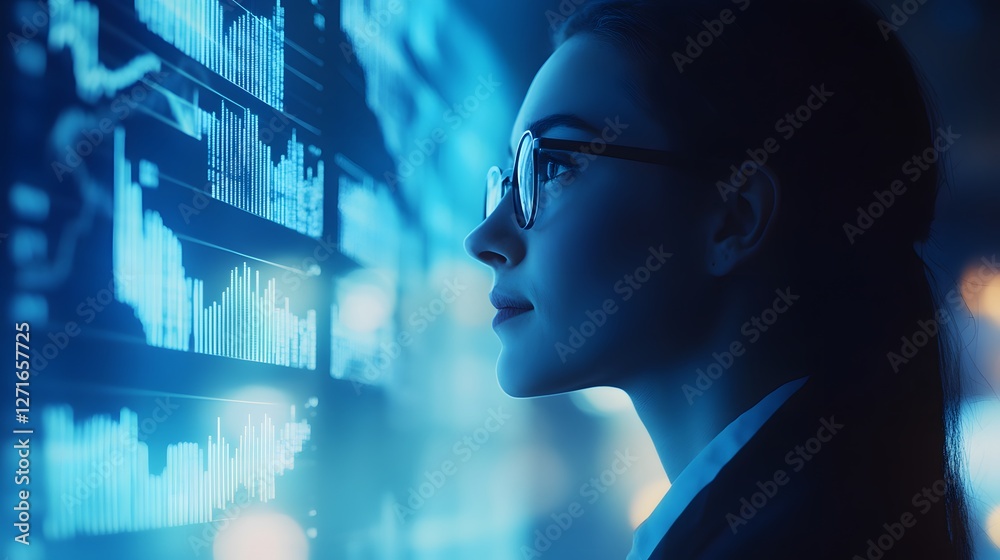 Poster woman analyzing data on digital display in modern office setting