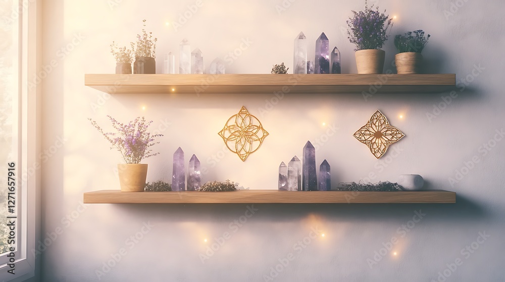 Poster a serene and holistic interior image featuring floating elements, ideal for wellness and design them