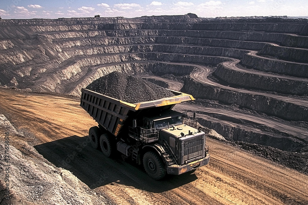 Poster A large haul truck loaded with minerals navigates the terraced paths of a deep pit mine, showcasing the scale of mining operations. Large dump truck transporting coal in open pit mine