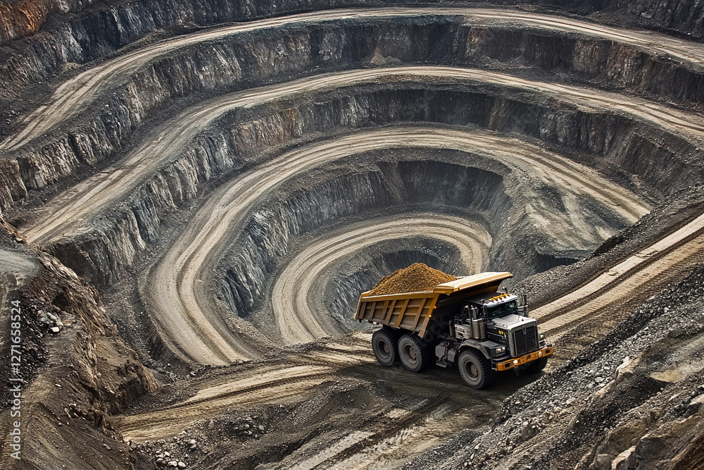 Leinwandbilder a large haul truck loaded with minerals navigates the terraced paths of a deep pit mine, showcasing 