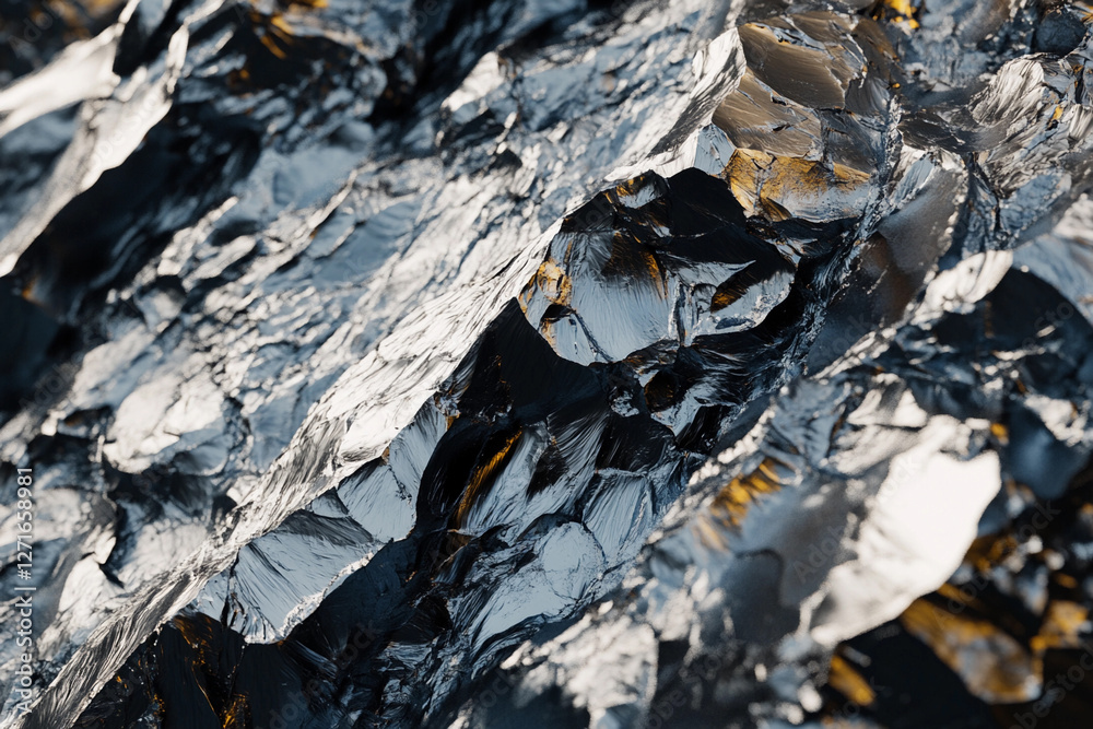 Poster Close-up view of a Lithium texture concept featuring raw metallic lithium ore with rugged, reflective surfaces.