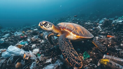 Obraz premium Human impact on marine life A sea turtle struggling to navigate through plastic waste.