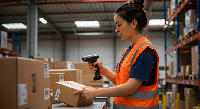 Warehouse worker scanning barcode on box, Woman using barcode scanner in logistics center, Generative AI image