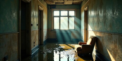 Sunbeams Illuminate a Flooded Hallway in a Derelict Building, Casting Long Shadows on Waterlogged Floor and a Solitary Chair