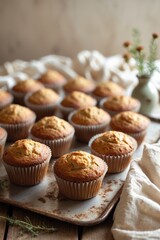 Freshly baked muffins arranged on a rustic tray with a soft background and delicate floral accents