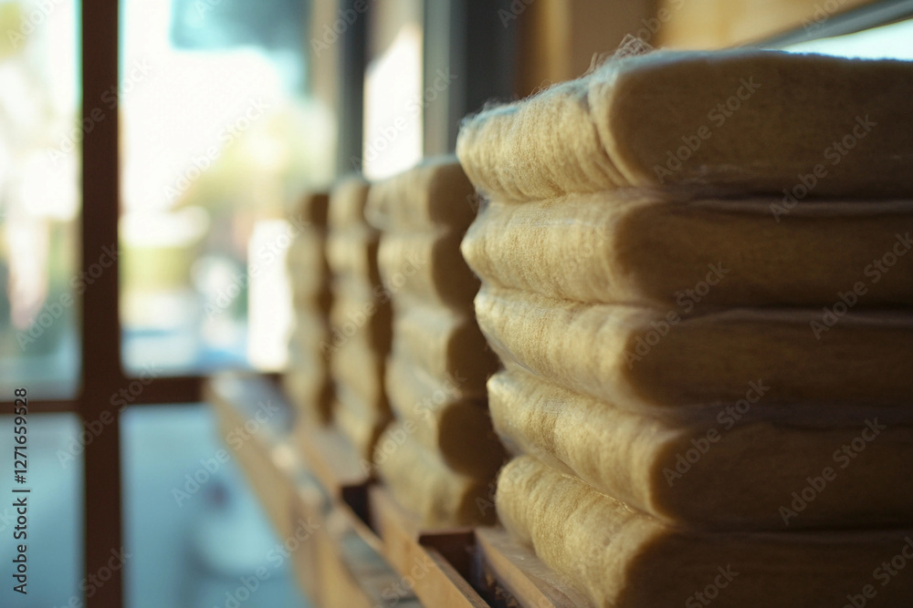 Poster stacked bundles of fabric in a bright workshop