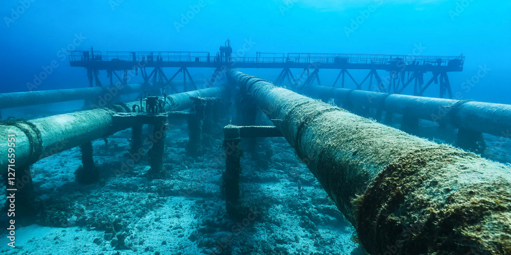 Poster underwater oil pipeline system near abandoned platform