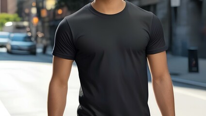Ultra High-Resolution Mockup of Young Male Model Wearing Black T-Shirt on Street in Daylight