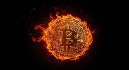 Bitcoin Cryptocurrency Burning in Flames - Flaming Bitcoin, currency crisis, financial volatility, cryptocurrency market crash, economic uncertainty