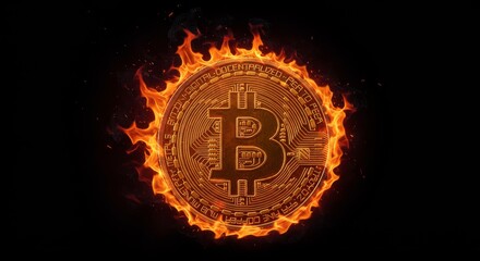 Fototapeta premium Bitcoin Cryptocurrency in Flames - Burning Bitcoin, currency, financial crisis, cryptocurrency crash, volatile market. Symbolizes risk, uncertainty, and the unpredictable nature of assets