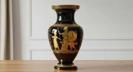 Black and Gold Athena Vase Greek Design Home Decor - Elegant black and gold Greek- vase, featuring Athena, a warrior, a centaur, and a Greek key border. Symbolizing strength, wisdom, mythology