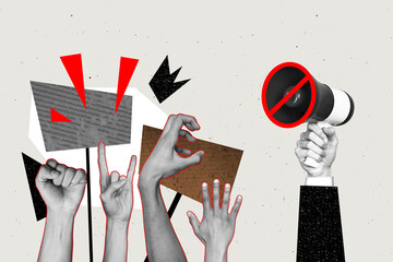 Composite art 3d creative image collage of hands hold megaphone forbidden sign revolution hands...