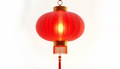 Ultra High-Resolution Image of Glowing Red Chinese Lantern with Golden Loop and Tassels on White Background