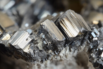 Detailed view of shiny metallic mineral on rocky surface. neodymium mineral, rare earth metal
